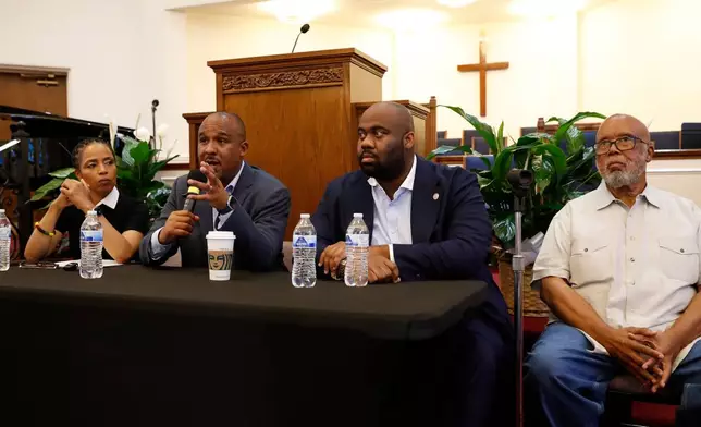 From left, Sen. Angela Alsobrooks, D-Md., Mississippi Democratic U.S. Senate candidate Scott Colom, Mississippi NAACP State Conference Executive Director Charles Taylor and Rep. Bennie Thompson, D-Miss., conduct a voting rights town hall at the historic Farish Street Baptist Church in Jackson, Miss., Saturday, Aug. 1, 2026. (AP Photo/Sarah Warnock)