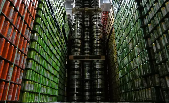 Cans and kegs of craft beer are stored at Pryes Brewing Company in Minneapolis, Wednesday, Aug. 26, 2026. (AP Photo/Ellen Schmidt)