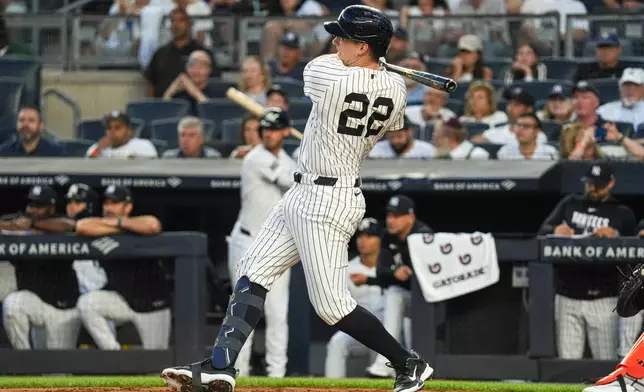 New York Yankees designated hitter Ben Rice hits a solo home run during the first inning of a baseball game against the Houston Astros Wednesday, Aug. 26, 2026, in New York. (AP Photo/Ryan Murphy)