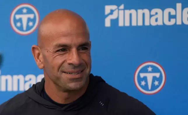 Tennessee Titans head coach Robert Saleh speaks at a news conference after a joint practice with the San Francisco 49ers at the 49ers' NFL football training camp, Tuesday, Aug. 11, 2026, in Santa Clara, Calif. (AP Photo/Jeff Chiu)