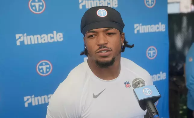 Tennessee Titans linebacker Cedric Gray speaks at a news conference after a joint practice with the San Francisco 49ers at the 49ers' NFL football training camp, Tuesday, Aug. 11, 2026, in Santa Clara, Calif. (AP Photo/Jeff Chiu)