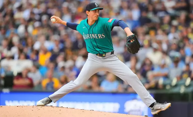 Seattle Mariners pitcher George Kirby throws during the first inning of a baseball game against the Milwaukee Brewers, Thursday, Aug. 20, 2026, in Milwaukee. (AP Photo/Kayla Wolf)