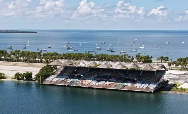 The Miami Marine Stadium is seen from an aerial view Tuesday Aug. 11, 2026, in Miami. (AP Photo/Daniel Kozin)