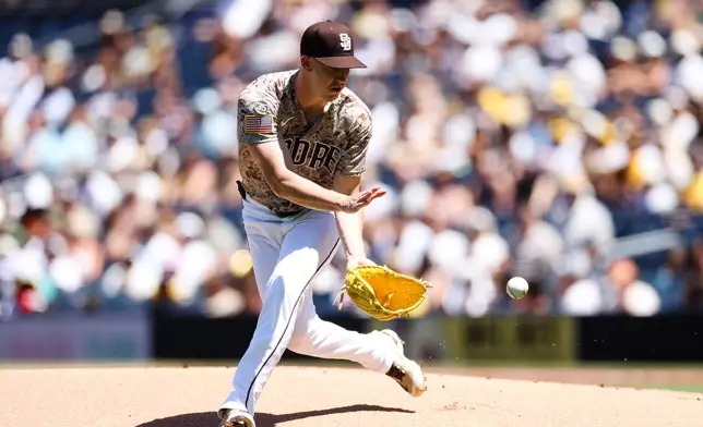 San Diego Padres pitcher Walker Buehler fields a ground ball hit by Minnesota Twins' Josh Bell in the first inning of a baseball game Sunday, Aug. 23, 2026, in San Diego. (AP Photo/Derrick Tuskan)