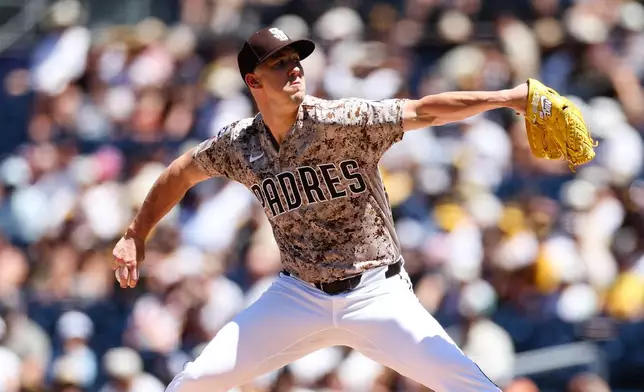 San Diego Padres pitcher Walker Buehler works against the Minnesota Twins in the first inning of a baseball game Sunday, Aug. 23, 2026, in San Diego. (AP Photo/Derrick Tuskan)