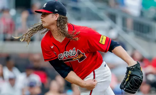 Atlanta Braves pitcher Grant Holmes delivers to a Colorado Rockies batter during the first inning of a baseball game, Friday, Aug. 28, 2026, in Atlanta. (AP Photo/Erik S. Lesser)