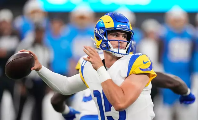 Los Angeles Rams quarterback Ty Simpson throws a pass during the first half of an NFL preseason football game against the Los Angeles Chargers Thursday, Aug. 27, 2026, in Inglewood, Calif. (AP Photo/Mark J. Terrill)