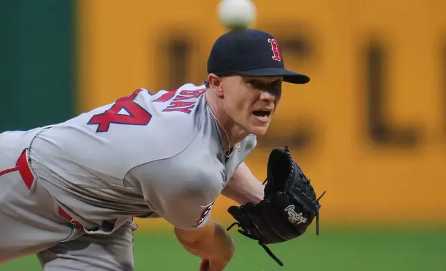 Boston Red Sox pitcher Sonny Gray delivers during the first inning of a baseball game against the Pittsburgh Pirates in Pittsburgh, Saturday, Aug. 15, 2026. (AP Photo/Gene J. Puskar)