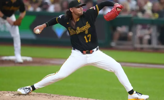 Pittsburgh Pirates pitcher Jared Jones delivers during the second inning of a baseball game against the Boston Red Sox in Pittsburgh, Saturday, Aug. 15, 2026. (AP Photo/Gene J. Puskar)