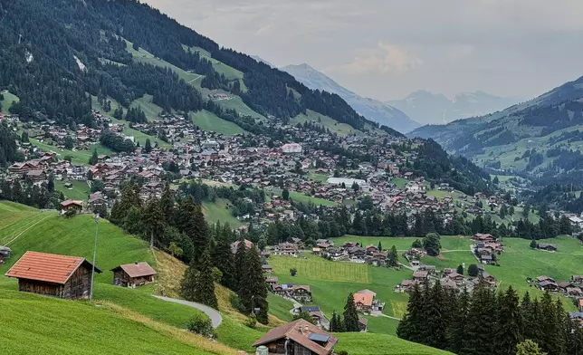 A general view of the Adelboden village at the Adelboden valley, Switzerland, Monday, Aug. 3, 2026. (AP Photo/Hernan Munoz)