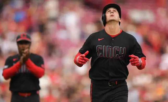 Cincinnati Reds' JJ Bleday rounds the bases on a solo home run during the third inning of a baseball game against the Pittsburgh Pirates, Friday, July 31, 2026, in Cincinnati. (AP Photo/Tanner Pearson)