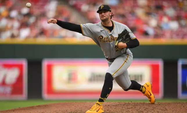Pittsburgh Pirates' Paul Skenes pitches during the third inning of a baseball game against the Cincinnati Reds on Friday, July 31, 2026 in Cincinnati. (AP Photo/Tanner Pearson)