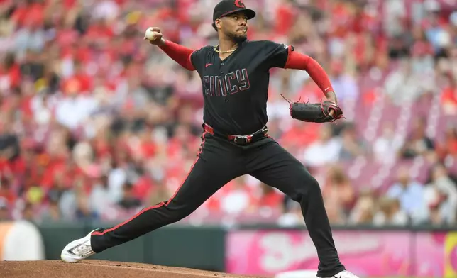 Cincinnati Reds' Hunter Greene pitches during the first inning of a baseball game against the Pittsburgh Pirates, Friday, July 31, 2026, in Cincinnati. (AP Photo/Tanner Pearson)
