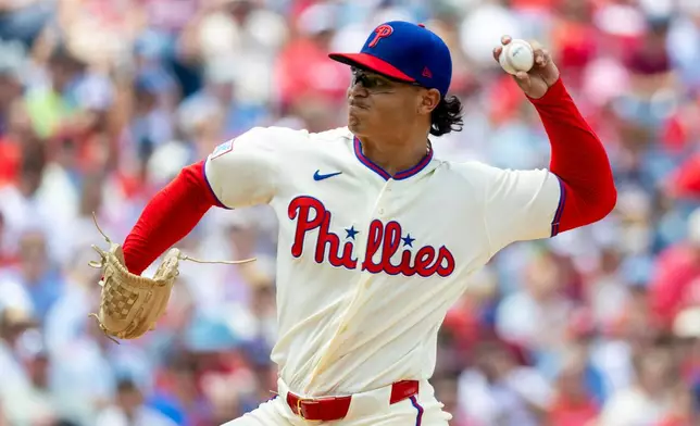 Philadelphia Phillies pitcher Jesús Luzardo throws in the first inning of a baseball game against the Toronto Blue Jays, Sunday, Aug. 9, 2026, in Philadelphia. (AP Photo/Laurence Kesterson)