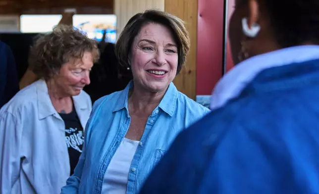 Gubernatorial candidate, Sen. Amy Klobuchar, D-Minn., greets supporters after taking part in a Minnesota Governor Candidate Forum in Morgan, Minn., Wednesday, Aug. 5, 2026. (AP Photo/Ellen Schmidt)