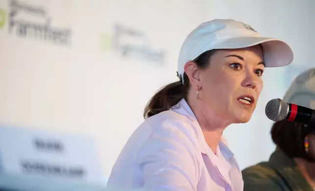 U.S. Rep. Angie Craig, D-Minn., speaks during a forum for U.S. Senate candidates at Farmfest, Wednesday, Aug. 5, 2026, in Morgan, Minn. (AP Photo/Ellen Schmidt)