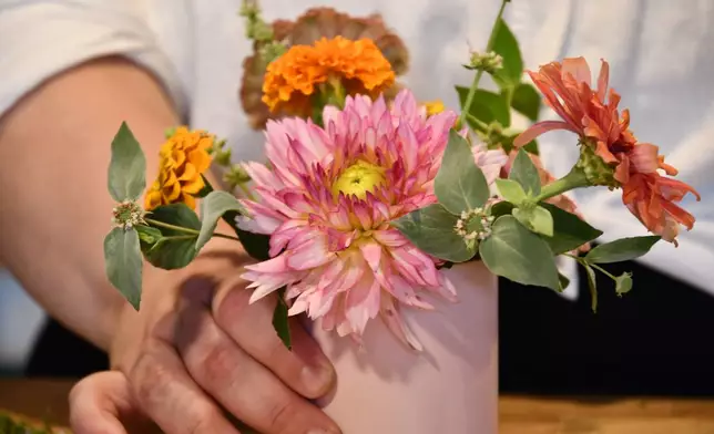 Marisa Mender-Franklin holds a bouquet of flowers on Thursday, July 23, 2026, in her florist shop, Midtown Bramble & Bloom, in Memphis, Tenn. (AP Photo/Kristin M. Hall)