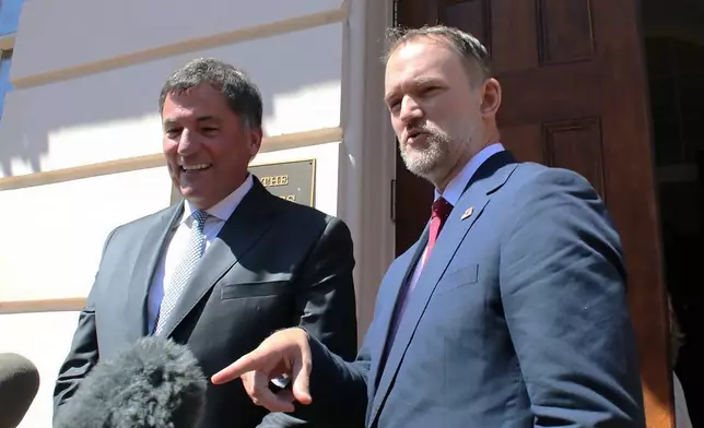 Canada-U.S. Trade Minister Dominic LeBlanc, left, and United States Trade Representative Jamieson Greer speak to reporters in Washington, D.C., on Wednesday, Aug. 19, 2026, the day after the Trump administration temporarily delayed tariffs on Canada. (Kelly Geraldine Malone/The Canadian Press via AP)