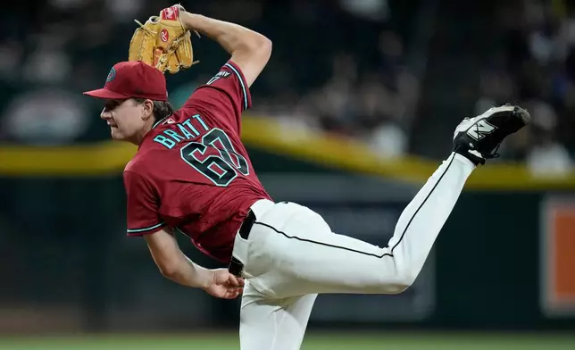 Arizona Diamondbacks starting pitcher Mitch Bratt throws against the San Diego Padres during the second inning of a baseball game, Wednesday, Aug. 5, 2026, in Phoenix. (AP Photo/Ross D. Franklin)