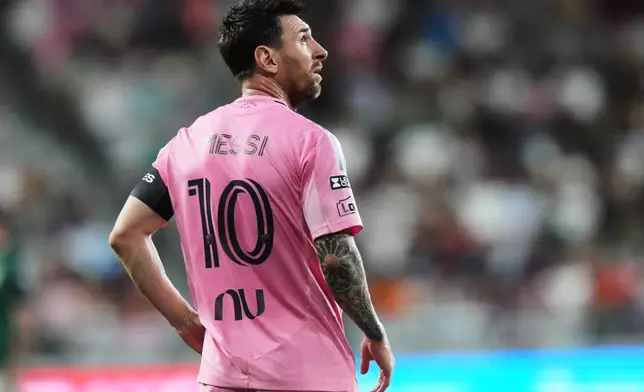 Inter Miami forward Lionel Messi (10) stands on the field during the second half of a Leagues Cup soccer match against Club León, Wednesday, Aug. 12, 2026, in Miami. (AP Photo/Lynne Sladky)