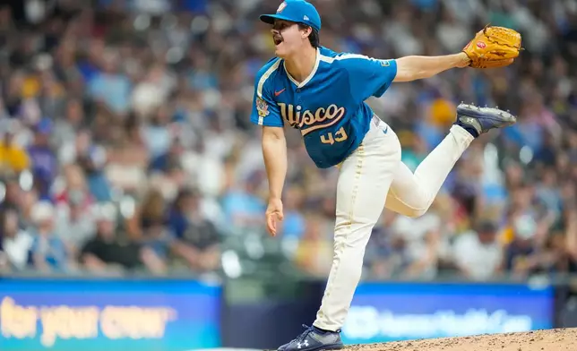 Milwaukee Brewers pitcher Logan Henderson throws during the seventh inning of a baseball game against the Texas Rangers Friday, Aug. 28, 2026, in Milwaukee. (AP Photo/Kayla Wolf)