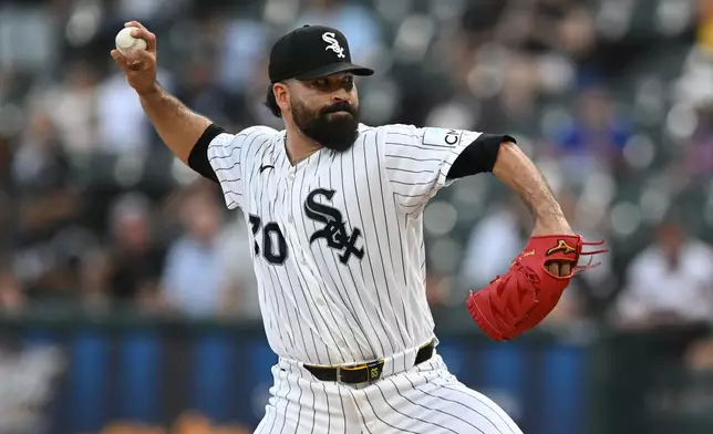 Chicago White Sox starter Jose Urquidy delivers a pitch during the first inning of a baseball game against the Texas Rangers in Chicago, Monday, Aug. 24, 2026. (AP Photo/Paul Beaty)