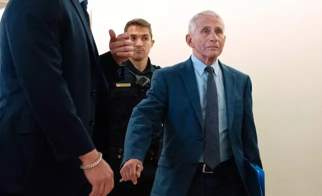 Dr. Anthony Fauci departs after appearing before the Senate Homeland Security and Governmental Affairs Committee hearing at the Capitol, Wednesday, July 29, 2026, in Washington. (AP Photo/Allison Robbert)