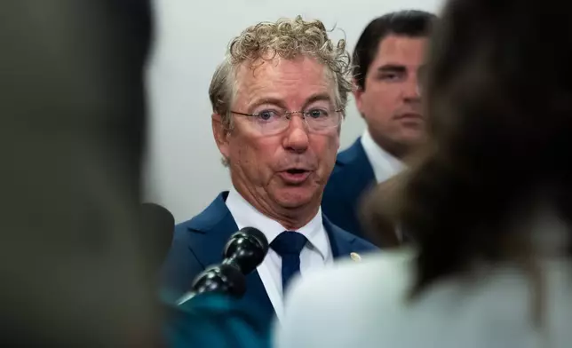 Sen. Rand Paul, R-Ky., talks to reporters following a Senate Homeland Security and Governmental Affairs Committee hearing with Dr. Anthony Fauci at the Capitol, Wednesday, July 29, 2026, in Washington. (AP Photo/Allison Robbert)