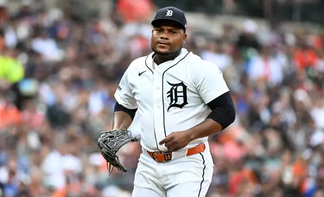 Detroit Tigers starting pitcher Framber Valdez reacts after striking out Los Angeles Dodgers' Enrique Hernández during the fifth inning of a baseball game, Sunday, Aug. 30, 2026, in Detroit. (AP Photo/Jose Juarez)