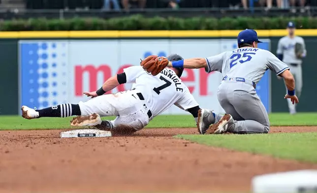 Detroit Tigers' Kevin McGonigle, left, is tagged out trying to steal second base by Los Angeles Dodgers second baseman Tommy Edman during the fourth inning of a baseball game, Sunday, Aug. 30, 2026, in Detroit. (AP Photo/Jose Juarez)
