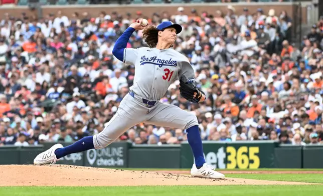 Los Angeles Dodgers starting pitcher Tyler Glasnow throws during the first inning of a baseball game against the Detroit Tigers, Sunday, Aug. 30, 2026, in Detroit. (AP Photo/Jose Juarez)