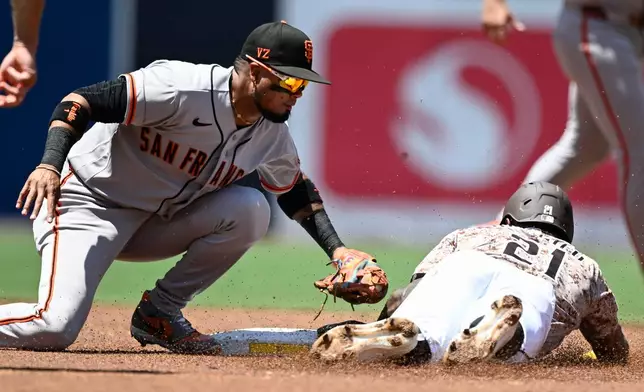 San Diego Padres' Luis Rengifo (21) is tagged out by San Francisco Giants second baseman Luis Arraez, left, as he tries to steal second during the first inning of a baseball game Sunday, Aug. 2, 2026, in San Diego. (AP Photo/Denis Poroy)