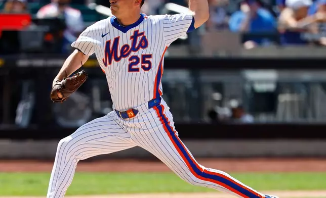 New York Mets pitcher Brooks Raley throws during the sixth inning of a baseball game against the Miami Marlins, Sunday, Aug. 2, 2026, in New York. (AP Photo/Noah K. Murray)