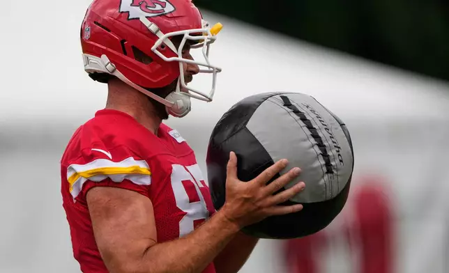Kansas City Chiefs tight end Travis Kelce practices during NFL football training camp Saturday, Aug. 1, 2026, in St. Joseph, Mo. (AP Photo/Charlie Riedel)