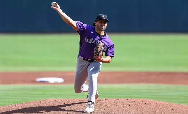 Colorado Rockies starting pitcher Zach Agnos (36) delivers in the first inning of a baseball game against the Atlanta Braves, Saturday, Aug. 29, 2026, in Atlanta. (AP Photo/Colin Hubbard)