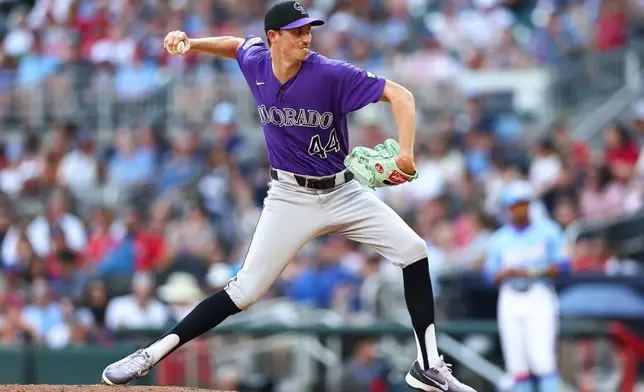 Colorado Rockies pitcher Jimmy Herget delivers in the sixth inning of a baseball game against the Atlanta Braves, Saturday, Aug. 29, 2026, in Atlanta. (AP Photo/Colin Hubbard)