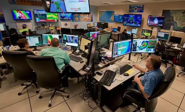 FILE - Forecasters at the National Weather Service office monitor Hurricane Irma, Sept. 9, 2017, at the hurricane center in Miami. (AP Photo/Andy Newman, File)