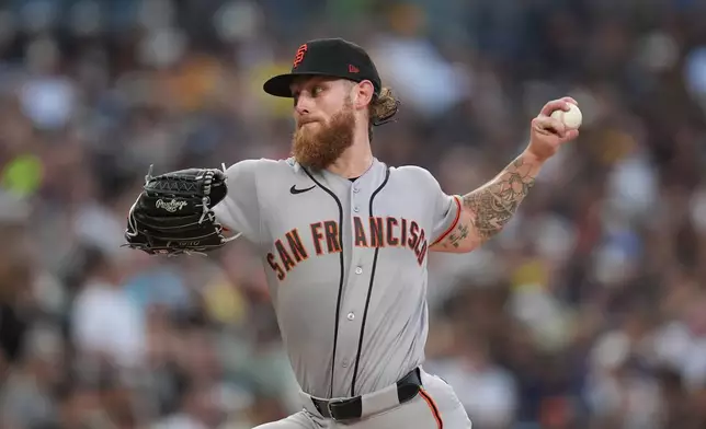 San Francisco Giants starting pitcher Carson Whisenhunt works against a San Diego Padres batter during the second inning of a baseball game Friday, July 31, 2026, in San Diego. (AP Photo/Gregory Bull)