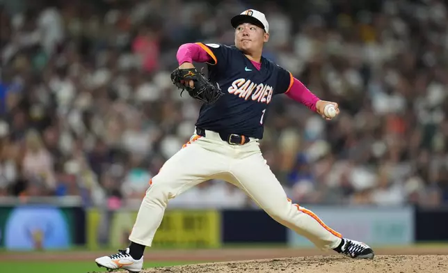 San Diego Padres pitcher Yuki Matsui pitches against a Houston Astros batter during the seventh inning of a baseball game Friday, Aug. 7, 2026, in San Diego. (AP Photo/Gregory Bull)