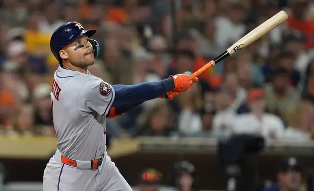Houston Astros' Cam Smith watches his single during the eighth inning of a baseball game against the San Diego Padres Friday, Aug. 7, 2026, in San Diego. (AP Photo/Gregory Bull)