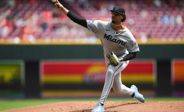 Miami Marlins' Eury Pérez pitches during the first inning of a baseball game against the Cincinnati Reds on Sunday, Aug. 16, 2026 in Cincinnati. (AP Photo/Tanner Pearson)