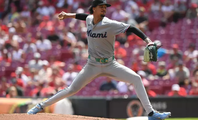Miami Marlins' Eury Pérez pitches during the sixth inning of a baseball game against the Cincinnati Reds, Sunday, Aug. 16, 2026, in Cincinnati. (AP Photo/Tanner Pearson)