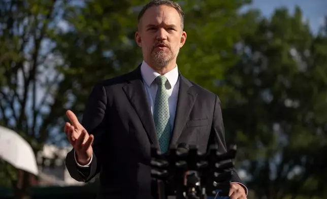 U.S. Trade Representative Jamieson Greer speaks to reporters outside the White House, Monday, Aug. 24, 2026, in Washington. (AP Photo/Mark Schiefelbein)