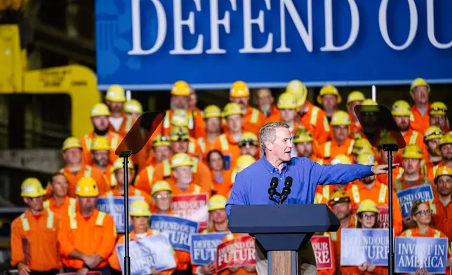 Sen. Jon Husted, R-Ohio, speaks ahead of Vice President JD Vance's speech at the Cleveland Cliffs Middletown Works, Friday, Aug. 21, 2026, in Middletown, Ohio. (AP Photo/Jon Cherry)