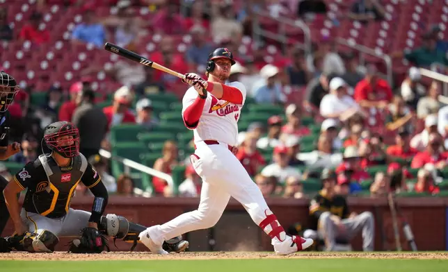 St. Louis Cardinals' Nolan Gorman fouls off a pitch during the seventh inning of a baseball game against the Pittsburgh Pirates Sunday, Aug. 30, 2026, in St. Louis. (AP Photo/Jeff Roberson)