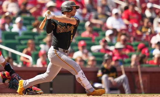 Pittsburgh Pirates' Brandon Lowe follows through on an RBI single during the seventh inning of a baseball game against the St. Louis Cardinals Sunday, Aug. 30, 2026, in St. Louis. (AP Photo/Jeff Roberson)