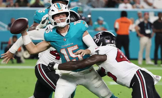 Miami Dolphins quarterback Cam Miller (15) is pressured by Atlanta Falcons linebacker Christian Harris (45) during the first half of an NFL preseason football game, Friday, Aug. 28, 2026, in Miami Gardens, Fla. (AP Photo/David Santiago)