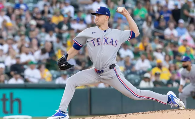 Texas Rangers pitcher MacKenzie Gore throws to the Athletics during the first inning of a baseball game Saturday, Aug. 15, 2026, in West Sacramento, Calif. (AP Photo/Sara Nevis)
