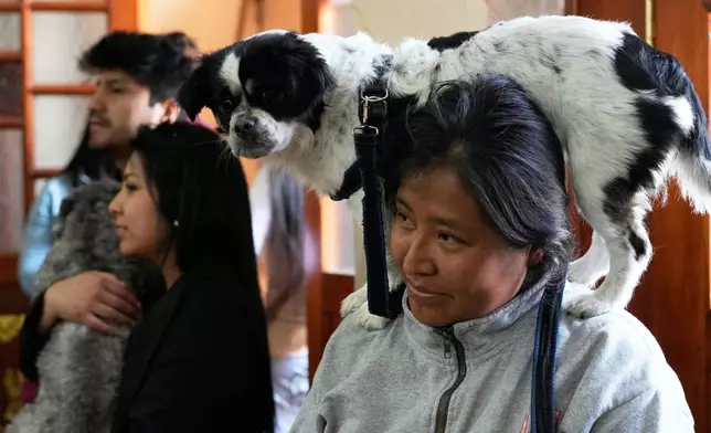 A woman carrying her dog on her shoulders attends Mass at the Gran Poder parish marking the feast day of San Roque, the patron saint of dogs, in La Paz, Bolivia, Sunday, Aug. 16, 2026. (AP Photo/Juan Karita