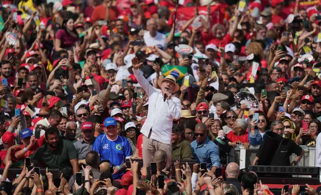 Brazilian President Luiz Inacio Lula da Silva speaks during a presidential reelection campaign rally in Sao Bernardo do Campo, Sao Paulo state, Brazil, Sunday, Aug. 16, 2026. (AP Photo/Andre Penner)